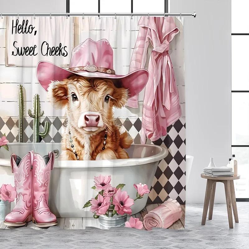 

ZYJ01Bathing Highland Cattle Shower Curtains Funny Farm Animal Cactus Plant Pink Bath Curtain Set Polyester Bathroom Decor w7Dc 90X180cm(35x70in)