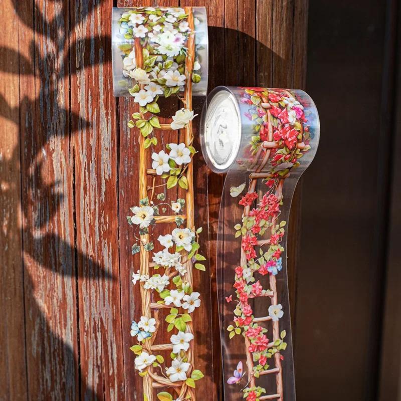 1 Rolle Blütendekorative Klebstoffe Scrapbook-Aufkleber PET-Bänder Leiter Pfirsich Leiter Blume Handbuch Bodenbildung DIY 40mm * 2m