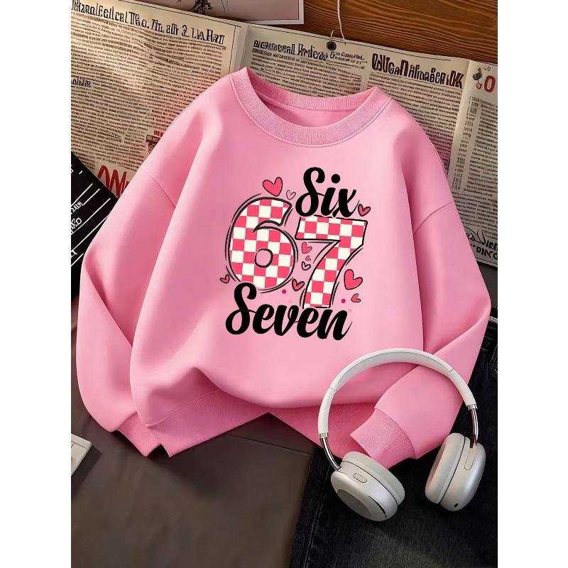 Kids Unisex Crewneck Sweatshirt, Pink Checkered Heart Number 67 Print Pullover, Cute Casual Birthday Sweatshirt For Boys Girls Kids Over 4 Years Old