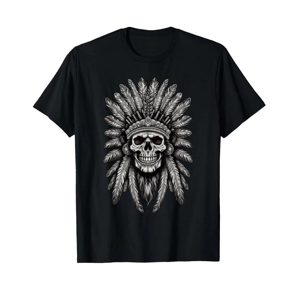 Skull Indian Headdress T Shirt Chief For Unisex Vintage Casual Fashion Comfortable Graphic Slightly Homme Versatile