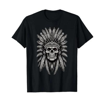 Skull Indian Headdress T Shirt Chief For Unisex Vintage Casual Fashion Comfortable Graphic Slightly Homme Versatile