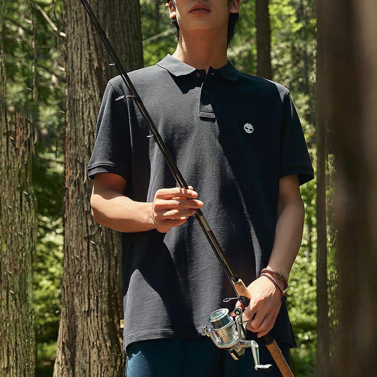 Timberland Logo Collared Casual Loose Fit Short Sleeve Polo Shirt Men Polo Shirts Black A24H2-001