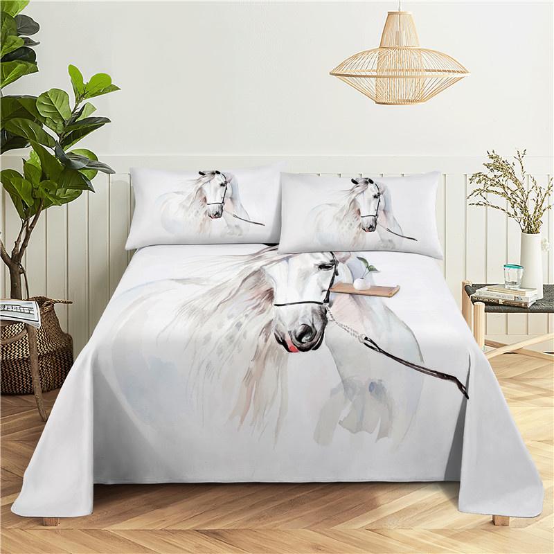 White Horse Bed Sheet 2/3pcs Set 3D Printed Animal Polyester Bed Flat Sheet With Pillowcase Bed Linen For Kids Baby Adult
