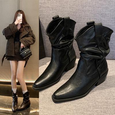 Fashion Leather Chelsea Boots for Women Autumn Winter New Chunky Heeled Cowboy Boots Woman Loose Tube Mid-calf Pleated Western Bootie