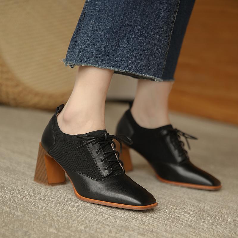 Fashion Comfortable Genuine Leather Women's Ankle Boots Elegant Square Toe Thick Heels Pumps Party Lace-up Shoes Woman 2024 New