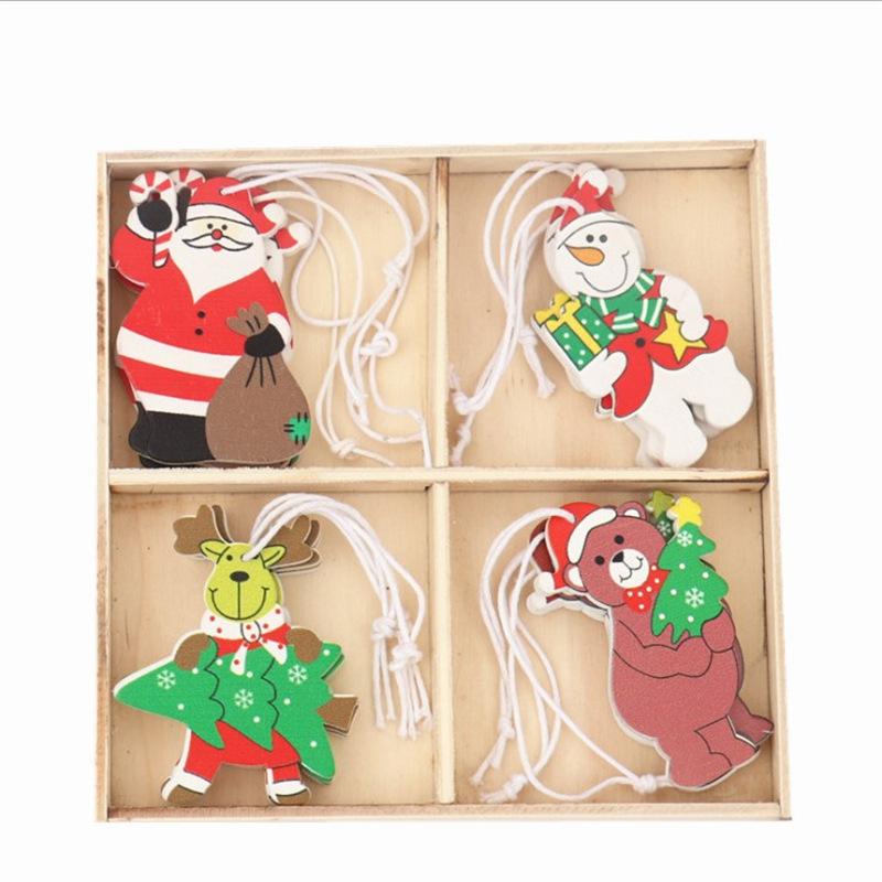 Box with 12 Pieces of Wood Colored Pendant Christmas Gift Box with Painted Christmas Tree Pendant Decorations