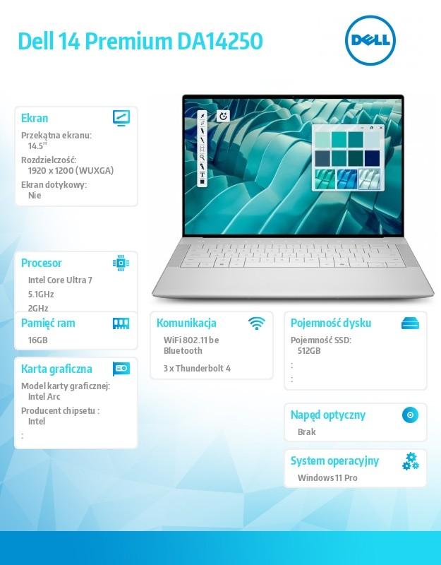Laptop Dell 14 Premium DA14250 Win11Pro U7-255H|16GB|512GB SSD|Intel Arc |WLAN + BT|14.5" FHD|Backlit Kb|6 Cell|60W