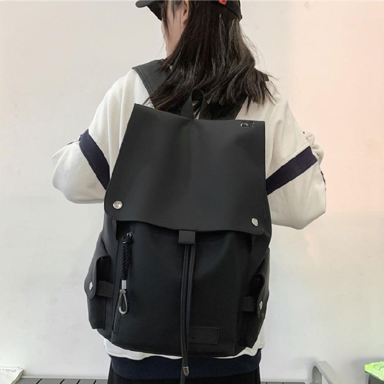 Versatile Student PU Backpack Water Resistant Large Flap Cover Drawstring Daypack School Book Bag for Daily Essential