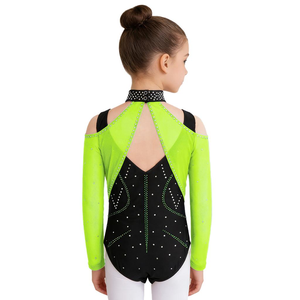 Kombinezon Gimnastyczny dla Dziewcząt Wycięcia Siateczkowe Patchwork Błyszczące Cyrkonie Color Block Body Baletowe