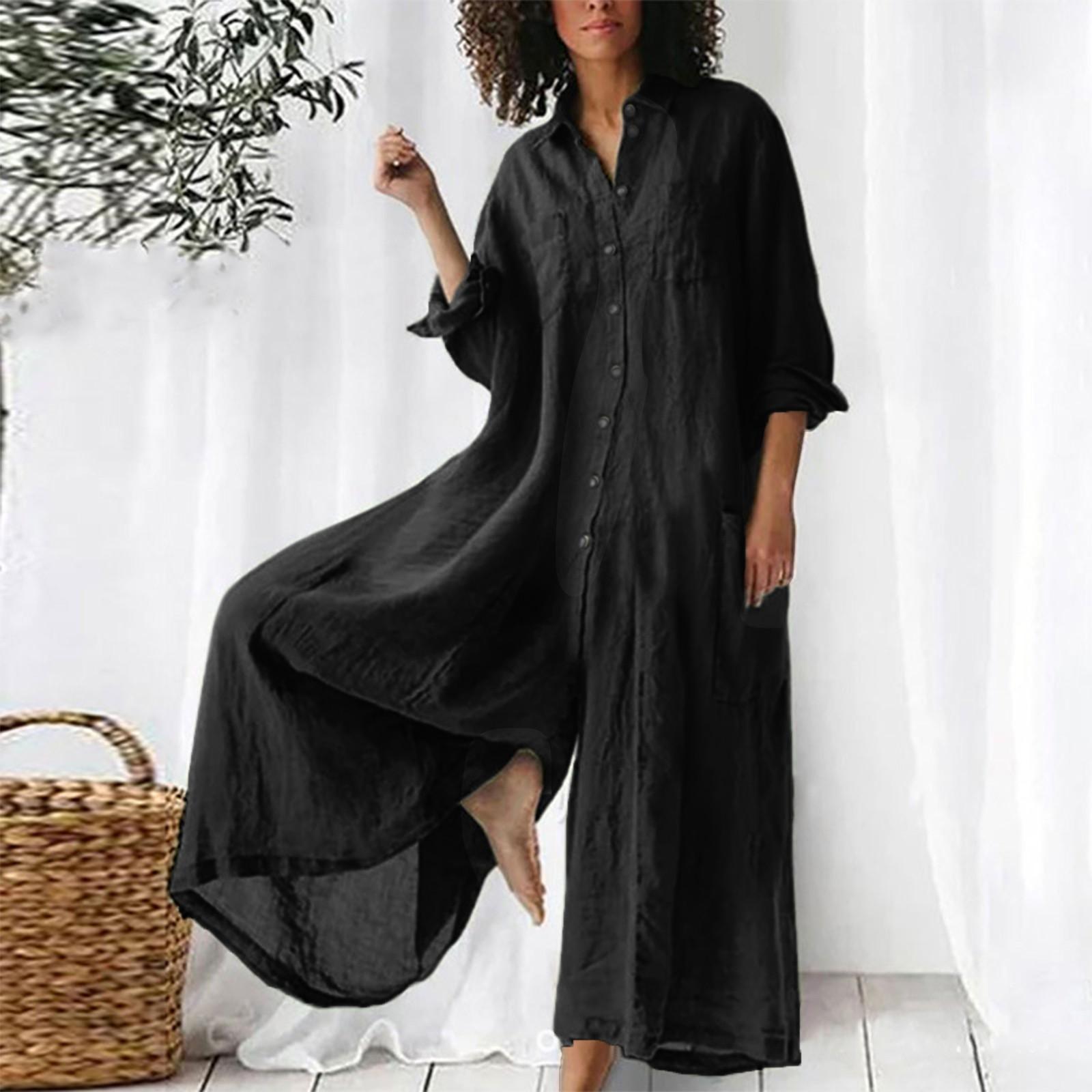 

Жіночий модний вільний повсякденний однотонний одноколірний комбінезон з V-подібним вирізом і ґудзиками з рукавом 3/4, темпераментний XXXXXL чорний