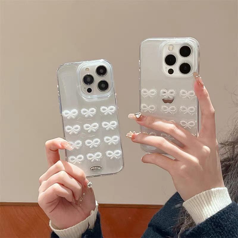 Wind Pearl Bow Mobile Phone Case Is Suitable For Iphone16Pro Transparent Silicone Soft Glitter Apple 17 Women'S Models