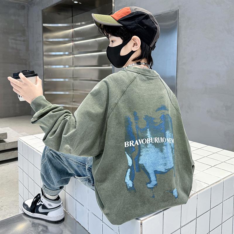 

Boys Autumn Casual Sweatshirt 2025 - Round Neck Base Top for Middle & Big Kids 170 cm зелений