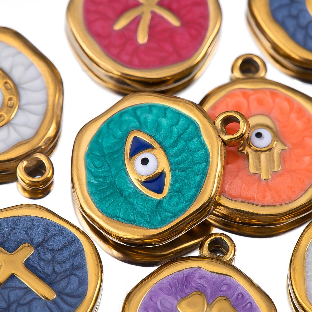 8pcs Gold Color Stainless Steel Enamel Heart Eye Sun Star Round Charm Pendants DIY Earrings Necklace Jewelry Making Supplies