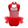Girls Ringmaster Bodysuit Striped Jumpsuit Rhinestone Details Sleeveless Cutout Waist Mesh Ruffle Performance Costume