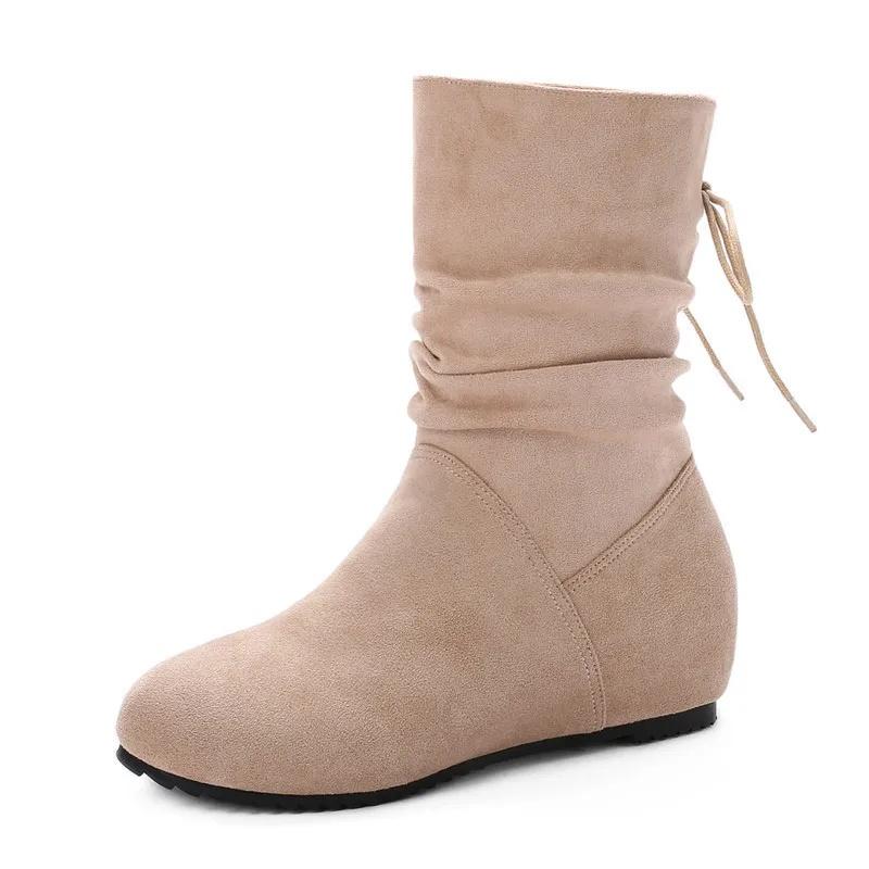 

Plus Size Women s Flat Bottom Soft Fleece Short Boots Retro Style round Toe Cotton Lined Warm And Comfortable for Winter 35 бежевый