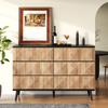 The sideboard and the dresser are characterized by a combination of black and natural wood tones as well as raised doors.