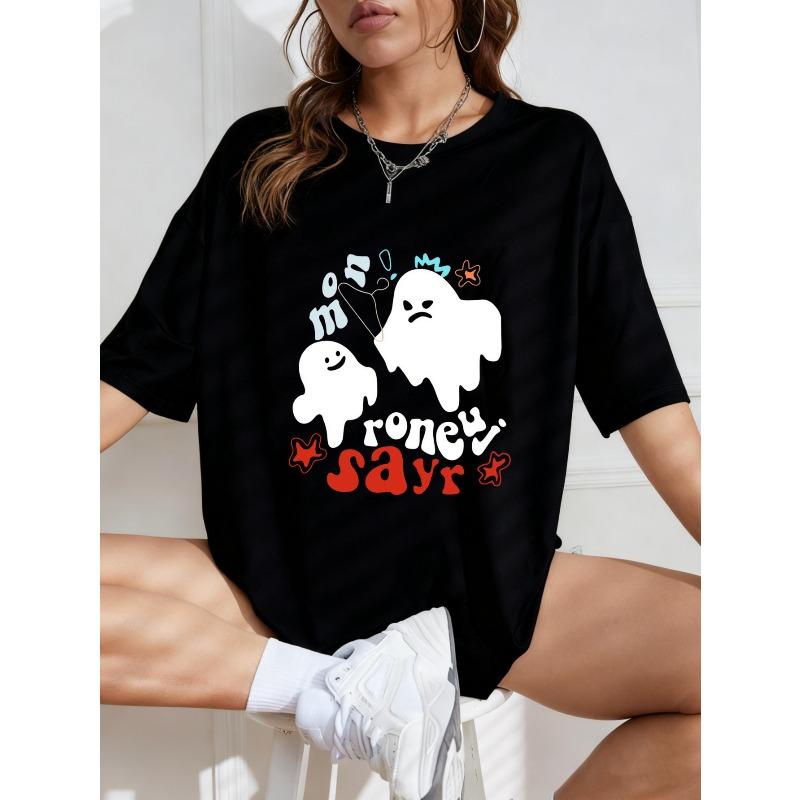 Weißes Oversized T-Shirt mit Ghost And Money Sayr Print für Freizeitkleidung