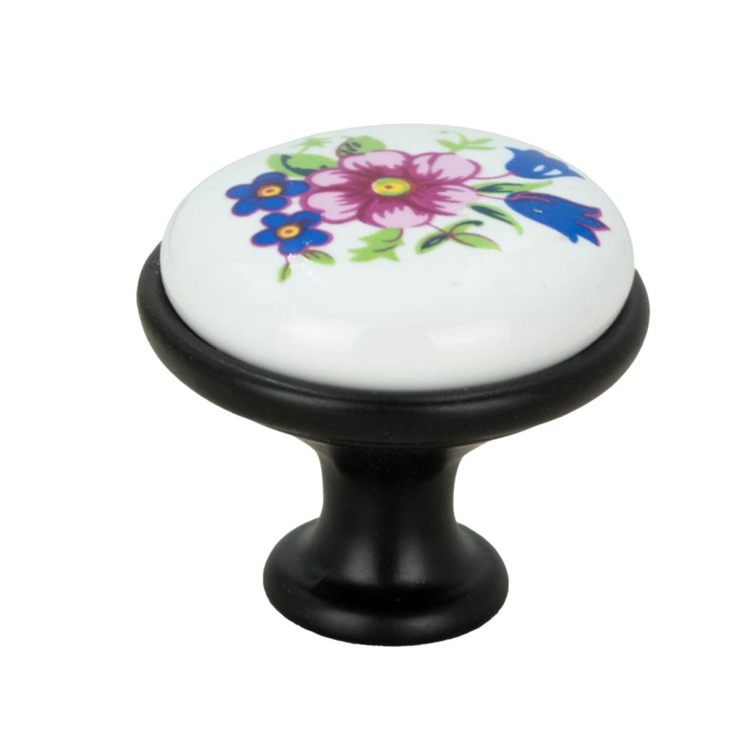 4 x Round black furniture knob with ceramic and retro flower pattern
