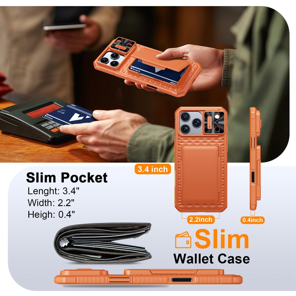 Protective Wallet Case with Card Holder, Kickstand and Camera Cover for iPhone 17 Pro Max-Orange