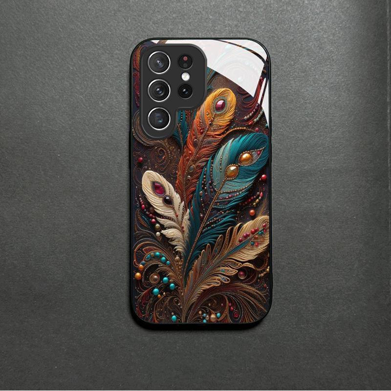 Retro feather tempered glass phone case suitable for Samsung Galaxy S26 S25 S24 S23 S22 S20 FE/Ultra/Plus shock absorption