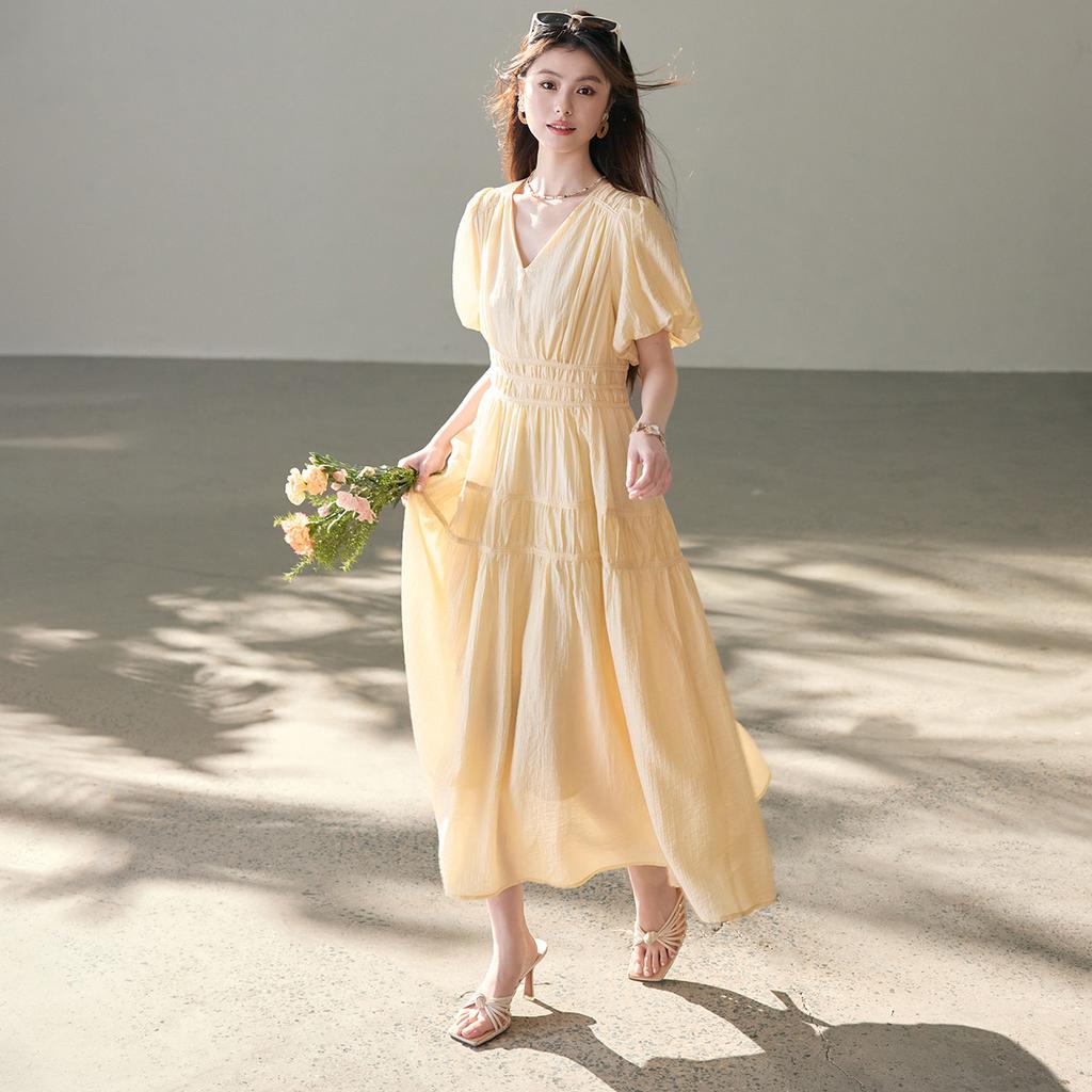 26 Year New Bubble Sleeve Princess Style A-line Skirt, Elegant and High-end Summer Dress, V-neck Slimming Fairy Dress, Dress