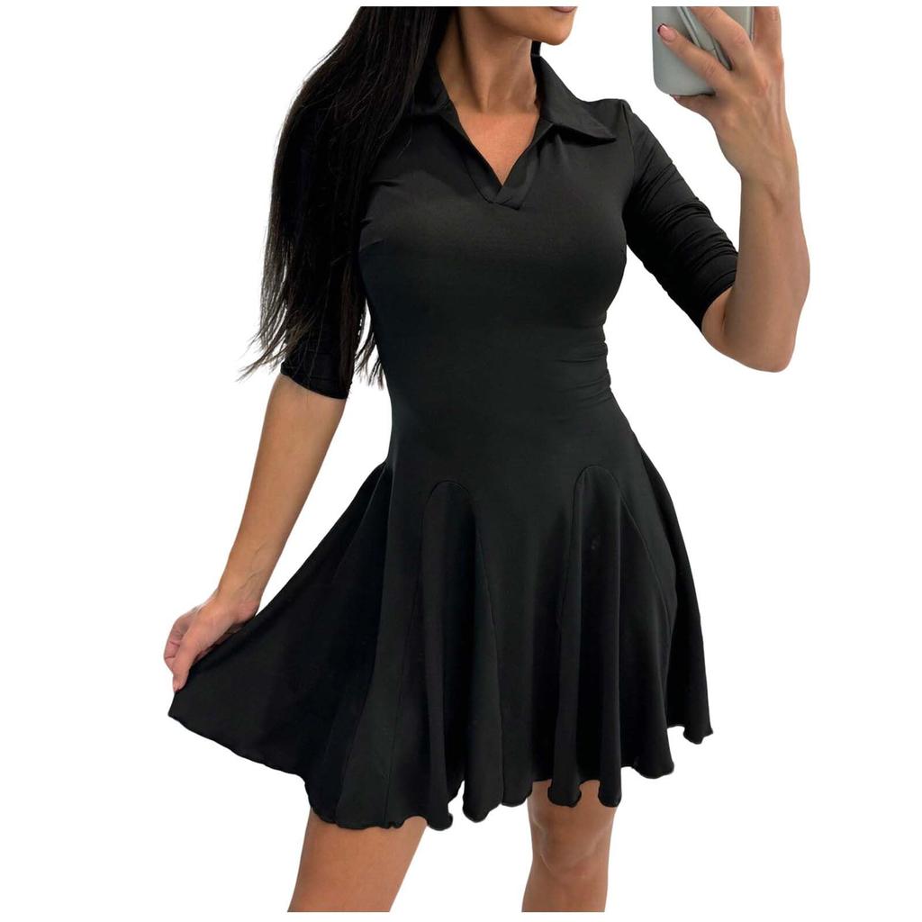 Women's Fashion Casual Long-sleeved Ruffled Short A-line Pleated Dress