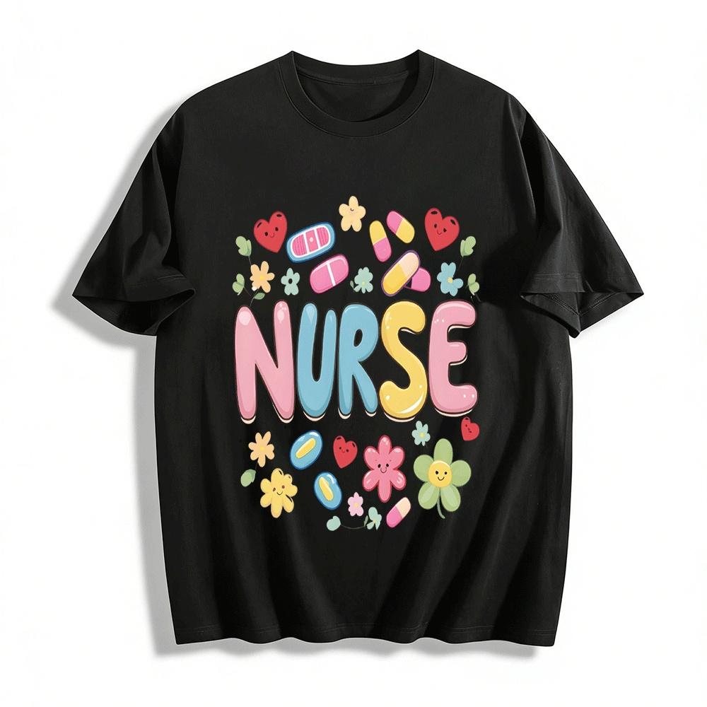 Cute Nurse Themed Print Casual T-Shirt Love Flower Capsule Pattern Top Pure cotton T-shirt XXS