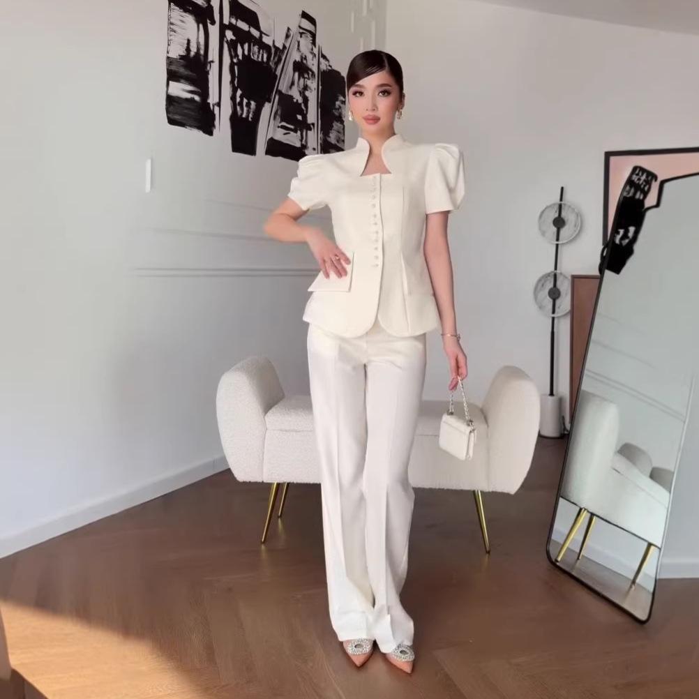 26 Europe, America, Amazon cross-border women's clothing new stand-up collar water drop type hollow design bubble sleeve top trousers