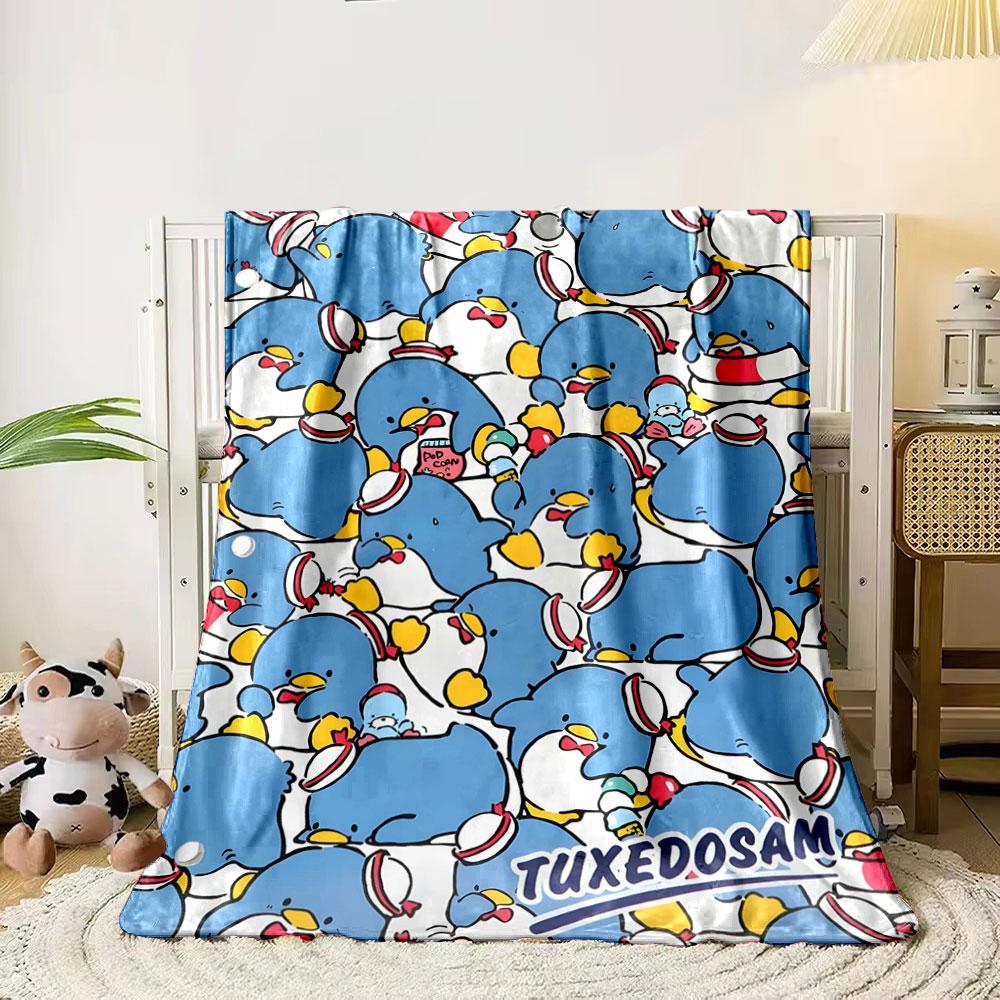 

Blue penguins with hats and accessories in a playful, crowded design. for all seasons blanket lunch break throw gift 80cm x 120cm