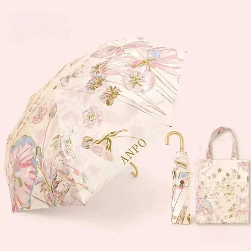 

Curved Handle Umbrella Dual Purpose Female Sunshade Umbrellas Exquisite Elegant Bent Handle Sturdy Wind Resistant Small Umbrella Iron&8K