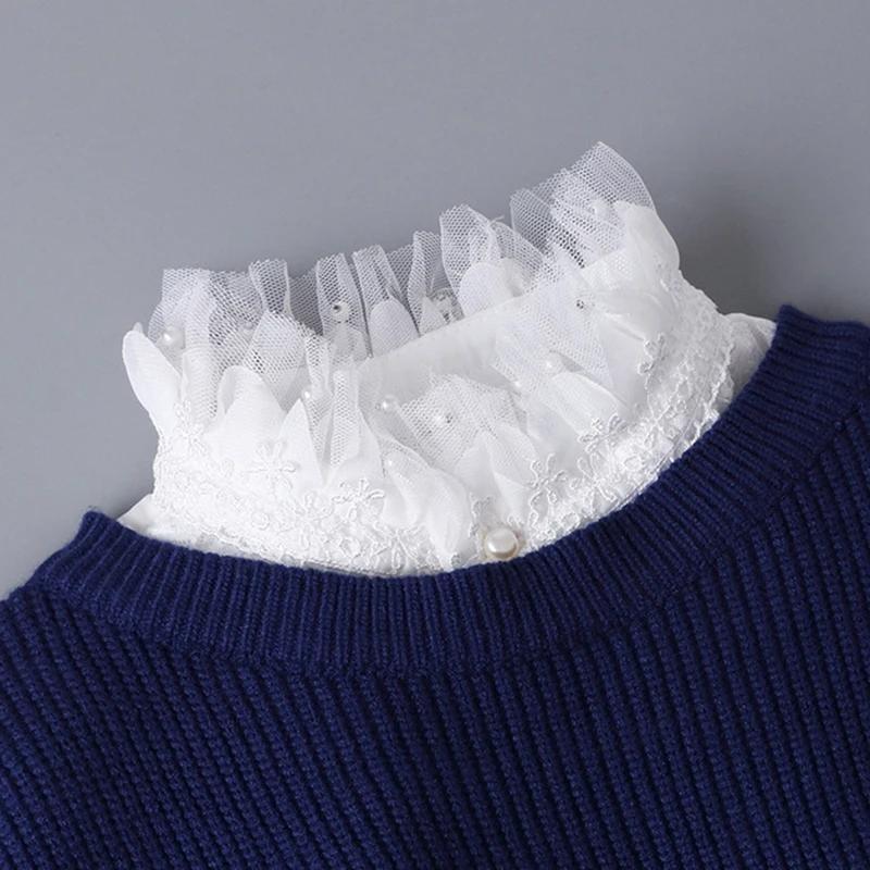New Women White Lace Fake Collar Vintage Shirt Detachable Collar Front Tie Men Lapel Blouse Top Sweater Cotton False Collars