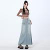 Women's High-Waisted Denim Fishtail Midi Skirt - Vintage Style, Raw Hem, Spring 2025