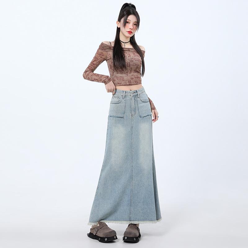 Women's High-Waisted Denim Fishtail Midi Skirt - Vintage Style, Raw Hem, Spring 2025