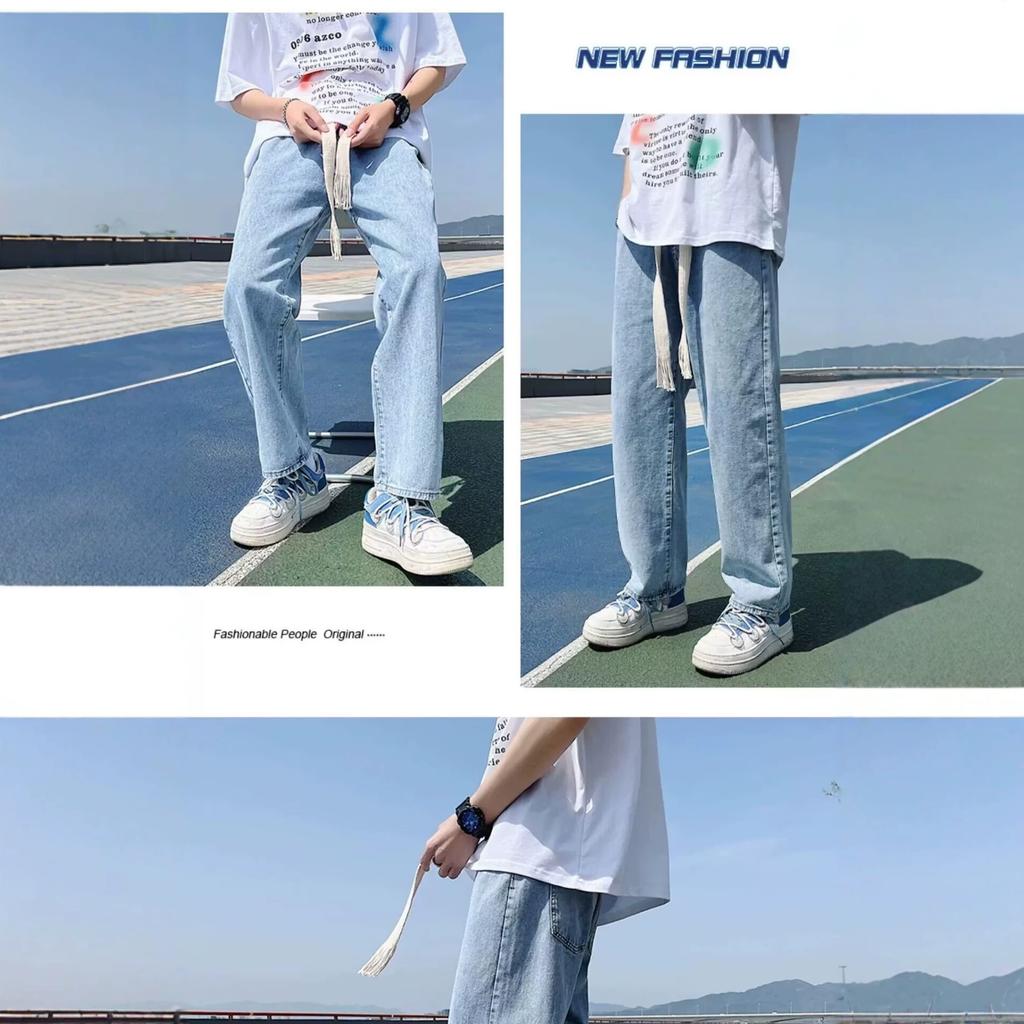 Elastic waist spring and autumn straight jeans men's thin loose nine-point wide-leg pants trendy brand high-waisted casual trousers retro
