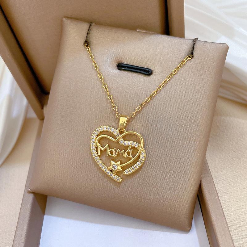 Micro Paved Zircon Heart MOM Letter Pendant Necklace For Women Mom Choker Stainless Steel Chain Jewelry Mini Mother's Day Gift
