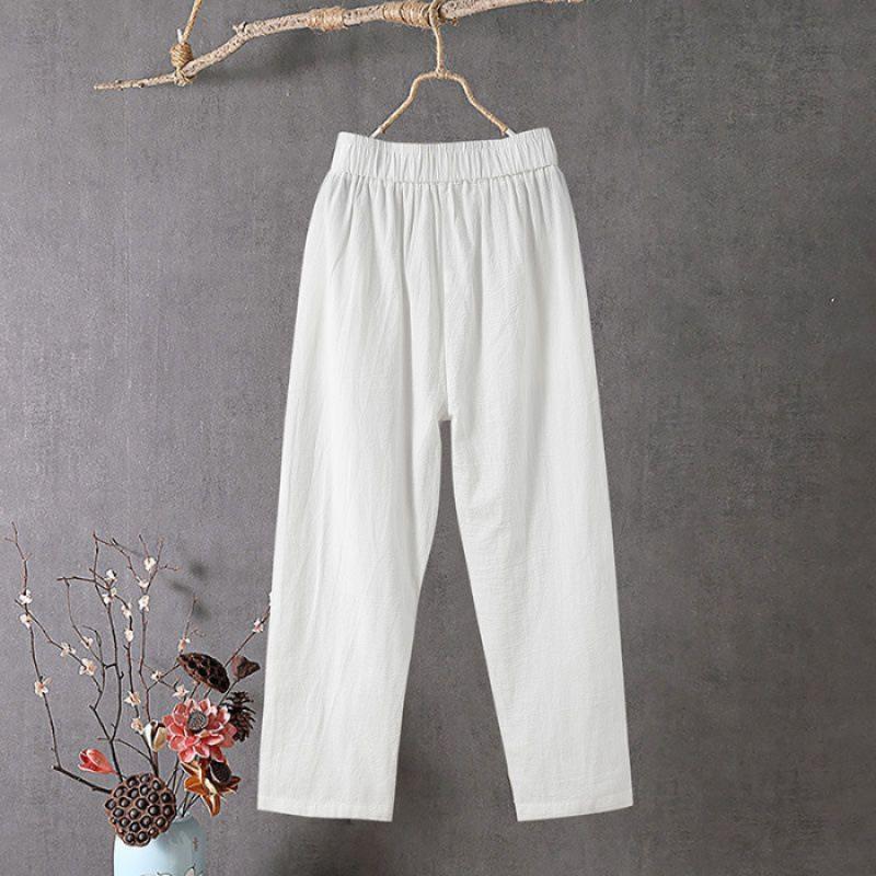 Cotton Linen Loose Straight Harem Pants with Elastic Waistband