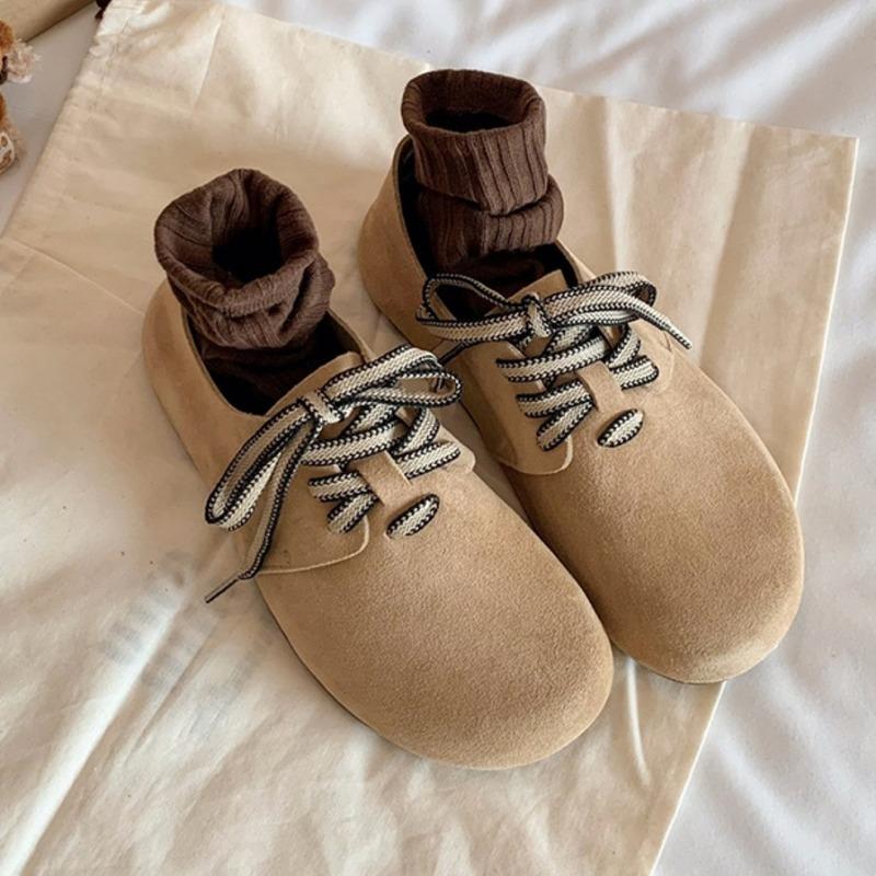 

[] Soft bread~ waterproof and anti-fouling large round head lace-up casual thick-soled women s single shoes 40 хакі