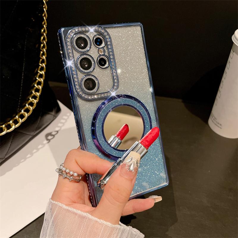 For Samsung Galaxy S23 Ultra Luxury Glitter Mirror Holder Flash Plating Diamond Frame Phone Case For Samsung S22 S24 Plus Cover
