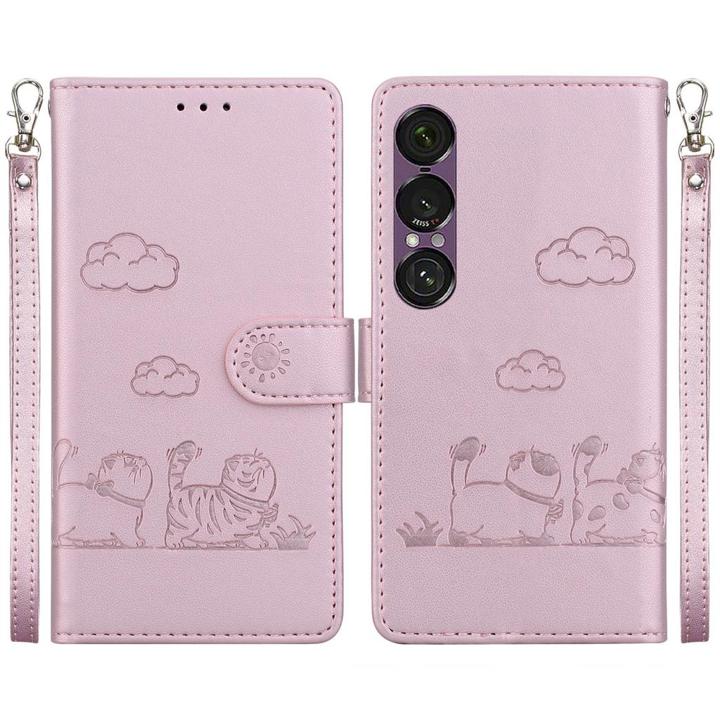 For Sony Xperia 1 VII Case RFID Blocking Kitten Pattern TPU+PU Leather Phone Cover with Wrist Strap