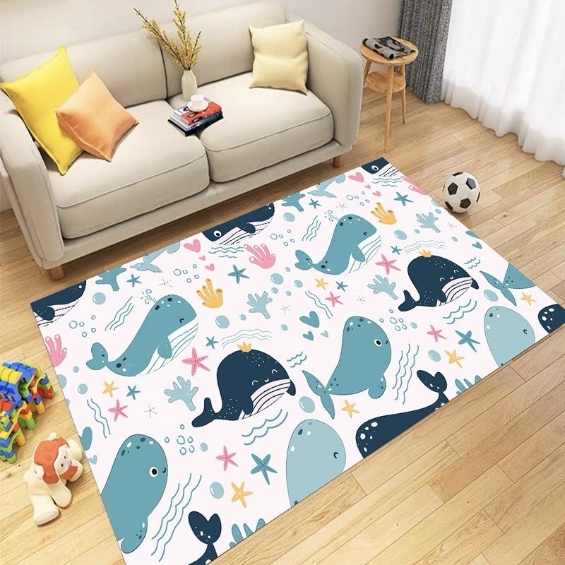Cute Cartoon Pattern Area Rug with Animal and Sea Elements Floor Mat for Toddler Kids Playroom Home Decor