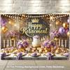 Elegante Ruhestand-Kulisse, Raffinierte Schwarz-, Lila- und Gold-Party-Szene mit Krone, Lichtern und Ballons, Festliche Luxus-Wanddekoration