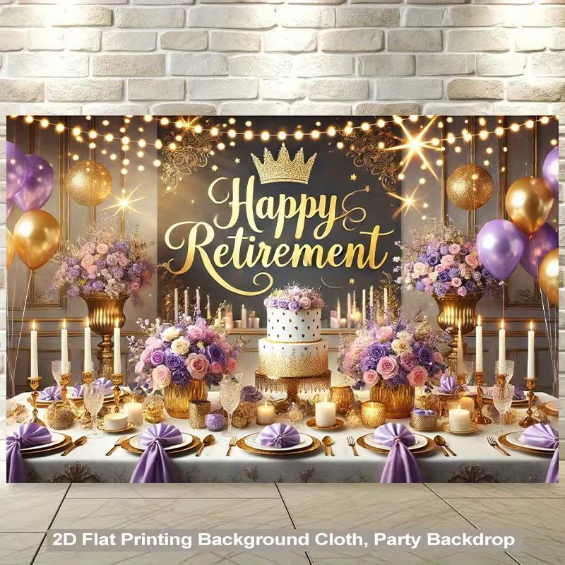Elegante Ruhestand-Kulisse, Raffinierte Schwarz-, Lila- und Gold-Party-Szene mit Krone, Lichtern und Ballons, Festliche Luxus-Wanddekoration