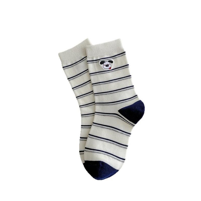 Cute Cartoon Striped and Color-blocking School-style Socks for Spring and Autumn, Plush Three-dimensional Puppy Fabric Label Socks