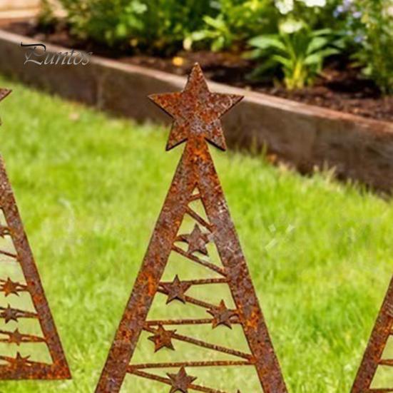 Durable Metal Yard Decor 3Pcs Rustic Christmas Tree Stake, Weathered Iron Art Xmas Heavy Duty Stake Design Decorative Garden Sign for Pathway