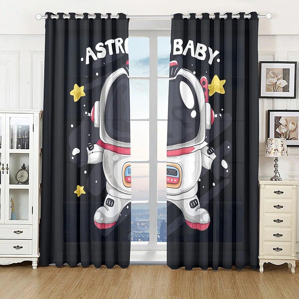 

3D Print Space Cartoon Mars Astronaut Planet Semi Shading Window Curtain For Kids Bedroom Living Room Modern Decor W50xH130(CM)x2PCS-Rod pocket