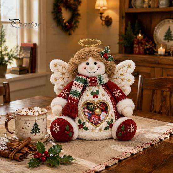 Plush Candy Storage Box Christmas Snack Bag, Clear Heart Window Doll with Back Zipper, Holiday Cookie Gift Soft Knitted Ornament Holder, Decorative