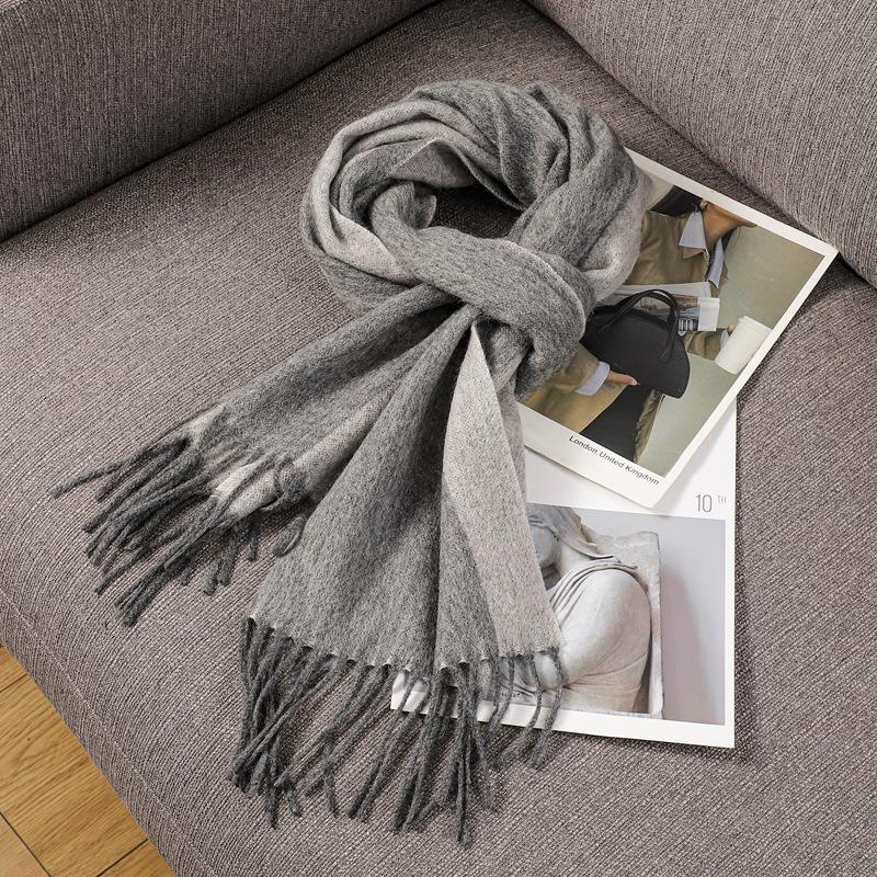 Autumn and winter 100wool wool scarf women's double-sided two-color striped scarf high-end fringed shawl scarf