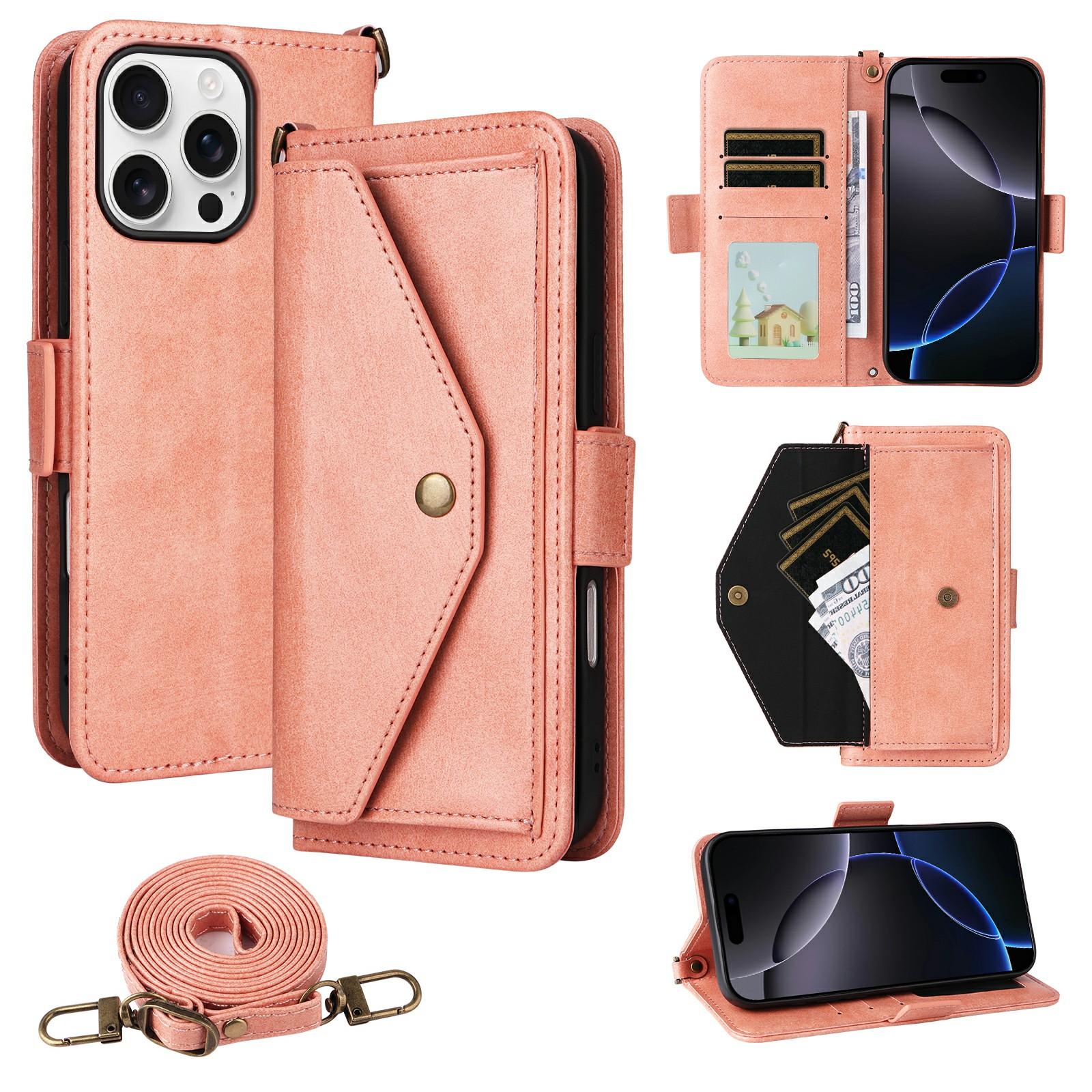 

For iPhone 16 Pro Max Leather Case Magnetic Closure Wallet Stand Phone Cover with Crossbody Strap Pink