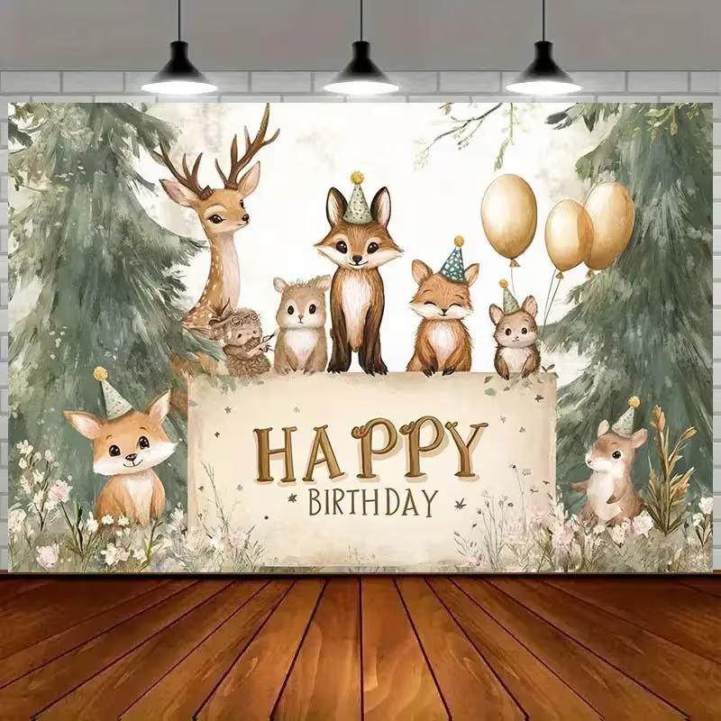 2D Forest Animal Photography Backdrop for Baby Shower Birthday Party