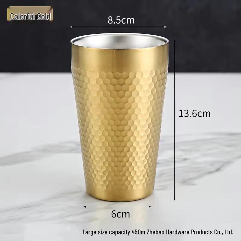 Golden Diamond Honeycomb 304 Stainless Steel Double-Layer Cup - Hammered Design, Anti-Scald. Perfect for Juice, Beer, and Tea.